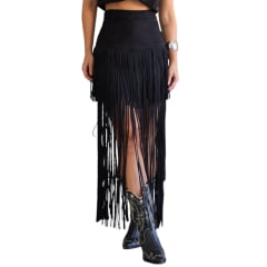 Saia Feminina Country City Preto Tecido Grosso Com Franjas Longas Ref: CJ 209115