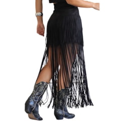 Saia Feminina Country City Preto Tecido Grosso Com Franjas Longas Ref: CJ 209115