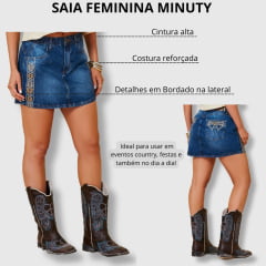 Saia Feminina Minuty Jeans Azul Com Gancho Confort Com Bordado Lateral E Bolsos Ref.241305