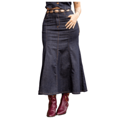 Saia Feminina Miss Country Jeans Azul Escuro Longa Com Botão Dourado Ref: 3283