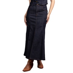 Saia Feminina Miss Country Jeans Azul Escuro Longa Com Botão Dourado Ref: 3283