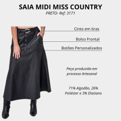 Saia Feminina Miss Country Preta Anoitecer Midi Com Cinto Prata R.3171