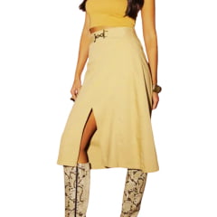 Saia Feminina Moon Horse Longa Midi Mocca Cor Mostarda Ref:0110400