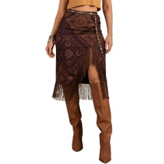 Saia Feminina Moon Horse Midi Bandana Boho Vinho Com Abertura E Franjas Marrom Ref:01.10.398