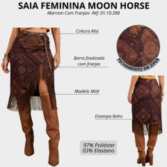 Saia Feminina Moon Horse Midi Bandana Boho Vinho Com Abertura E Franjas Marrom Ref:01.10.398