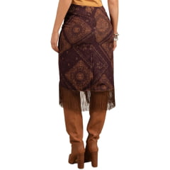 Saia Feminina Moon Horse Midi Bandana Boho Vinho Com Abertura E Franjas Marrom Ref:01.10.398