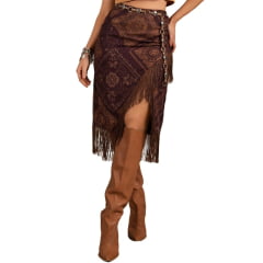 Saia Feminina Moon Horse Midi Bandana Boho Vinho Com Abertura E Franjas Marrom Ref:01.10.398