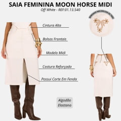 Saia Feminina Moon Horse Midi Flowers Longa Abertura Off White Bordado Marrom Bolsos De Trás REF:01.13.540