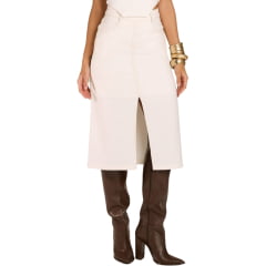 Saia Feminina Moon Horse Midi Flowers Longa Abertura Off White Bordado Marrom Bolsos De Trás REF:01.13.540