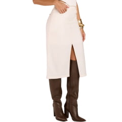 Saia Feminina Moon Horse Midi Flowers Longa Abertura Off White Bordado Marrom Bolsos De Trás REF:01.13.540