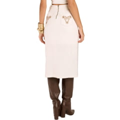 Saia Feminina Moon Horse Midi Flowers Longa Abertura Off White Bordado Marrom Bolsos De Trás REF:01.13.540
