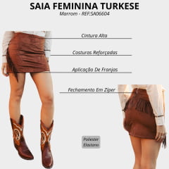 Saia feminina Turkese Austin Tecido Marrom Curta Com Franjas - REF:SA06604