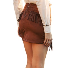 Saia feminina Turkese Austin Tecido Marrom Curta Com Franjas - REF:SA06604