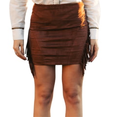 Saia feminina Turkese Austin Tecido Marrom Curta Com Franjas - REF:SA06604