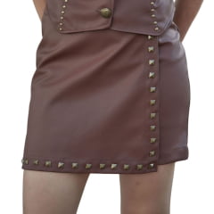 Saia Feminina Turkese Canyon Imitação Couro Marrom Rebites Dourado Envelhecido Ref: SA04604