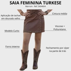 Saia Feminina Turkese Canyon Imitação Couro Marrom Rebites Dourado Envelhecido Ref: SA04604