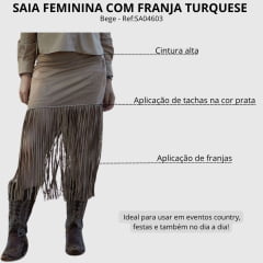 Saia Feminina Turkese Dusty Route Bege Suede Curta Com Franjas Ref: SA04603