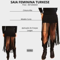 Saia Feminina Turkese Hollywood Black Curta Com Franjas Longas - REF:SA06602