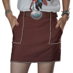 Saia Feminina Turkese Marrom Curta Bolsos Detalhes Prata Com Cinto Fivela Prata Ref: SA04605