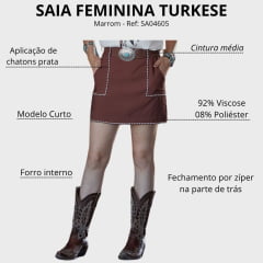 Saia Feminina Turkese Marrom Curta Bolsos Detalhes Prata Com Cinto Fivela Prata Ref: SA04605