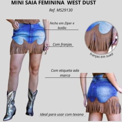 Saia Feminina West Dust Mini Saia Jeans Stonado Com Aplicação Em Sued Com Franjas Ref:MS29130