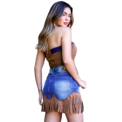 Saia Feminina West Dust Mini Saia Jeans Stonado Com Aplicação Em Sued Com Franjas Ref:MS29130