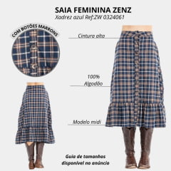 Saia Feminina Zenz Midi Dolce Vita Xadrez Azul E Marrom Com Botões E Babado Ref:ZW 0324061