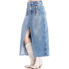 Saia Feminina Zenz Western Midi Farm Life Com Abertura Frontal E Tachinhas Fivela E Couro Preto Ref: ZW0325032-1608