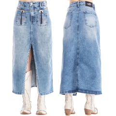 Saia Feminina Zenz Western Midi Farm Life Com Abertura Frontal E Tachinhas Fivela E Couro Preto Ref: ZW0325032-1608