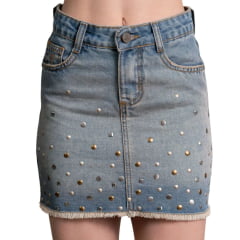 Saia Feminina Texas Farm Jeans Dust Road Curta Com Aplicações Ref: SJ002 Saia Feminina Texas Farm Jeans Dust Road Curta Com Aplicações Ref: SJ002