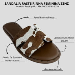 Sandália Rasteirinha Feminina Zenz Western Lariat Couro Pelo Marrom Brown Respingado REF:ZW0226081-1758