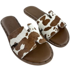 Sandália Rasteirinha Feminina Zenz Western Lariat Couro Pelo Marrom Brown Respingado REF:ZW0226081-1758
