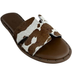 Sandália Rasteirinha Feminina Zenz Western Lariat Couro Pelo Marrom Brown Respingado REF:ZW0226081-1758