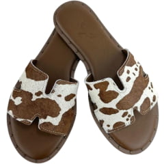 Sandália Rasteirinha Feminina Zenz Western Lariat Couro Pelo Marrom Brown Respingado REF:ZW0226081-1758