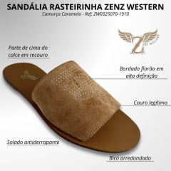 Sandália Rasteirinha Zenz Western Couro Camurça Caramelo Bordado Florão Ref: ZW0325070-1910