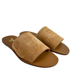 Sandália Rasteirinha Zenz Western Couro Camurça Caramelo Bordado Florão Ref: ZW0325070-1910