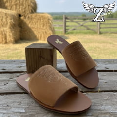 Sandália Rasteirinha Zenz Western Couro Camurça Caramelo Bordado Florão Ref: ZW0325070-1910