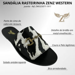 Sandália Rasteirinha Zenz Western Couro Pelo Vaca Preto E Branco Com Bridão Juanita Farm Ref: ZW0325071-1911