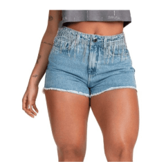 Shorts Feminino Buphallos Jeans Delavê Chuva De Strass Com Strass Na Cintura REF: BPL1137