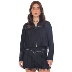 Shorts Feminino Country City Carol Preto Com Franjas E Tachinhas Ref: SC 20921