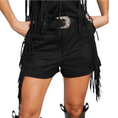 Shorts Feminino Country City Celina Preto Com Franjas Ref: CJ2081SP
