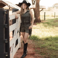 Shorts Feminino Country City Celina Verde Militar Com Franjas Ref: CJ2081V