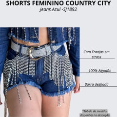 Shorts Feminino Country City Jeans Azul Escuro Com Franjas De Strass Valentina Ref.SJ1892