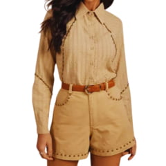 Shorts Feminino Moon Horse Mocca Tecido Mostarda Claro Com Detalhes Tachinhas Douradas Ref:0110397