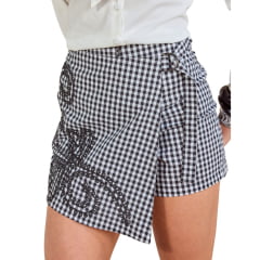Shorts Saia Feminino Moon Horse Vichy Chris Xadrez Preto Cinza Branco Com Bordado Ref:01.11.457