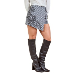 Shorts Saia Feminino Moon Horse Vichy Chris Xadrez Preto Cinza Branco Com Bordado Ref:01.11.457