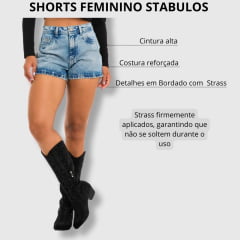 Shorts Feminino Stabulos Jeans Delavê Horse Prata e Brilho STB413