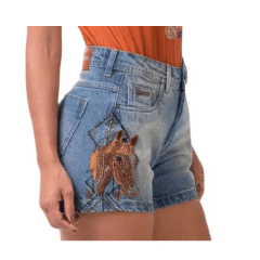 Shorts Feminino Stabulos Jeans Stonado Com Horse Lateral Com Brilho Ref:STB352