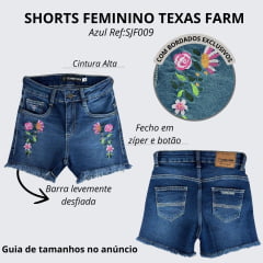 Shorts Feminino Texas Farm Jeans Azul Western Show Com Bordado De Flores Rosa Ref:SJF009