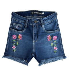 Shorts Feminino Texas Farm Jeans Azul Western Show Com Bordado De Flores Rosa Ref:SJF009